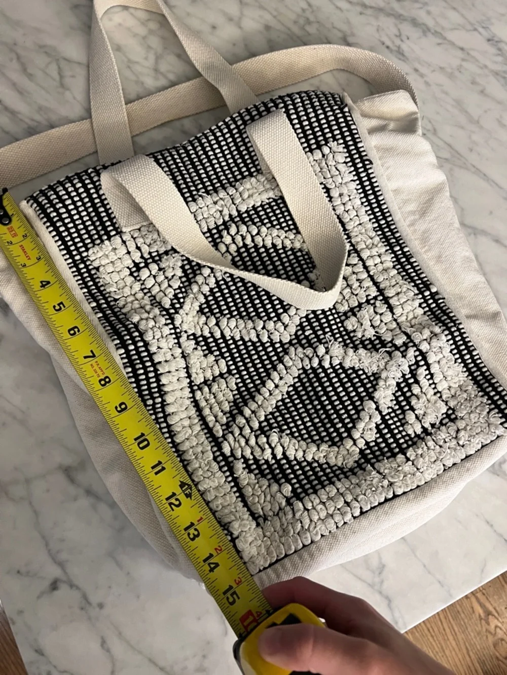 Aerie Cream and Black Woven and Canvas Tote Bag with Geometric Front Panel - Picture 4 of 9